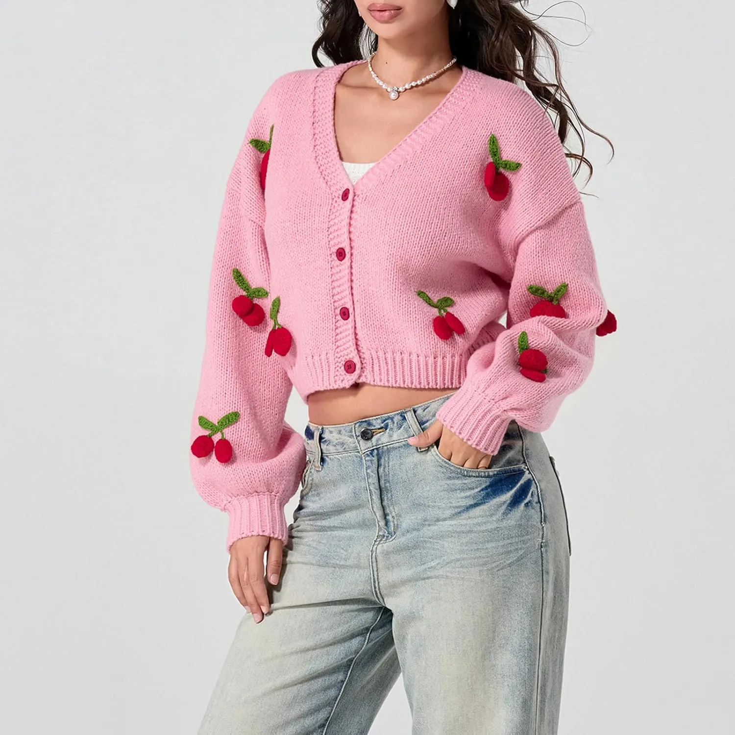 Women Crop Cardigan Jacquard Open Front Sweater 3D Flower Embroidery Knit Cardigan Cute Fall Winter Outwear