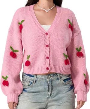 Women Crop Cardigan Jacquard Open Front Sweater 3D Flower Embroidery Knit Cardigan Cute Fall Winter Outwear