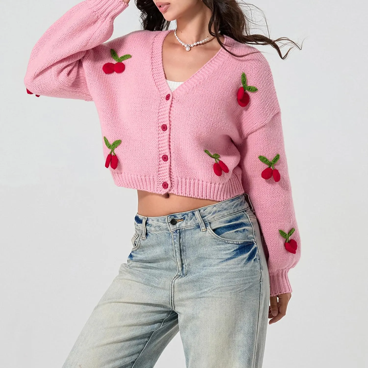 Women Crop Cardigan Jacquard Open Front Sweater 3D Flower Embroidery Knit Cardigan Cute Fall Winter Outwear