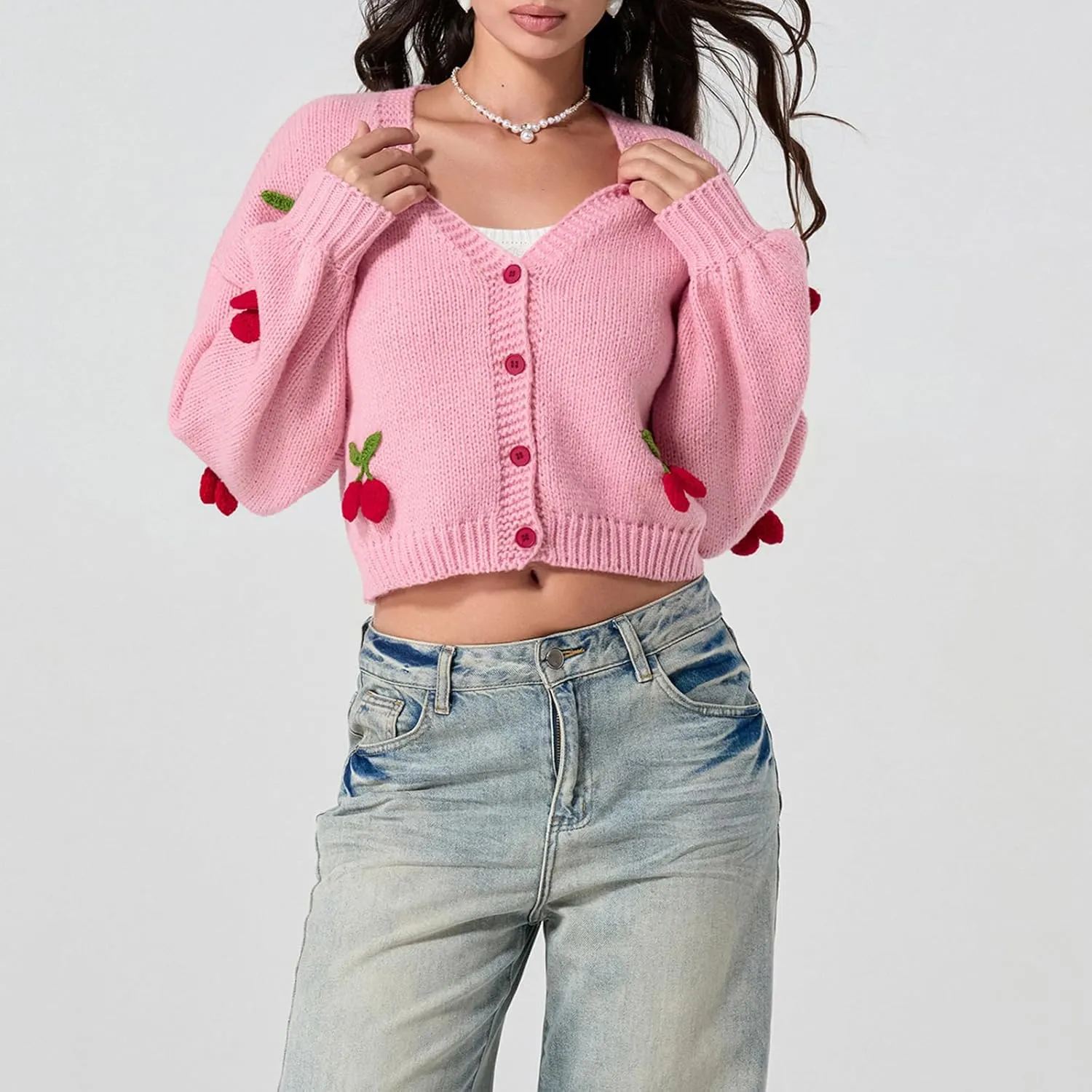 Women Crop Cardigan Jacquard Open Front Sweater 3D Flower Embroidery Knit Cardigan Cute Fall Winter Outwear