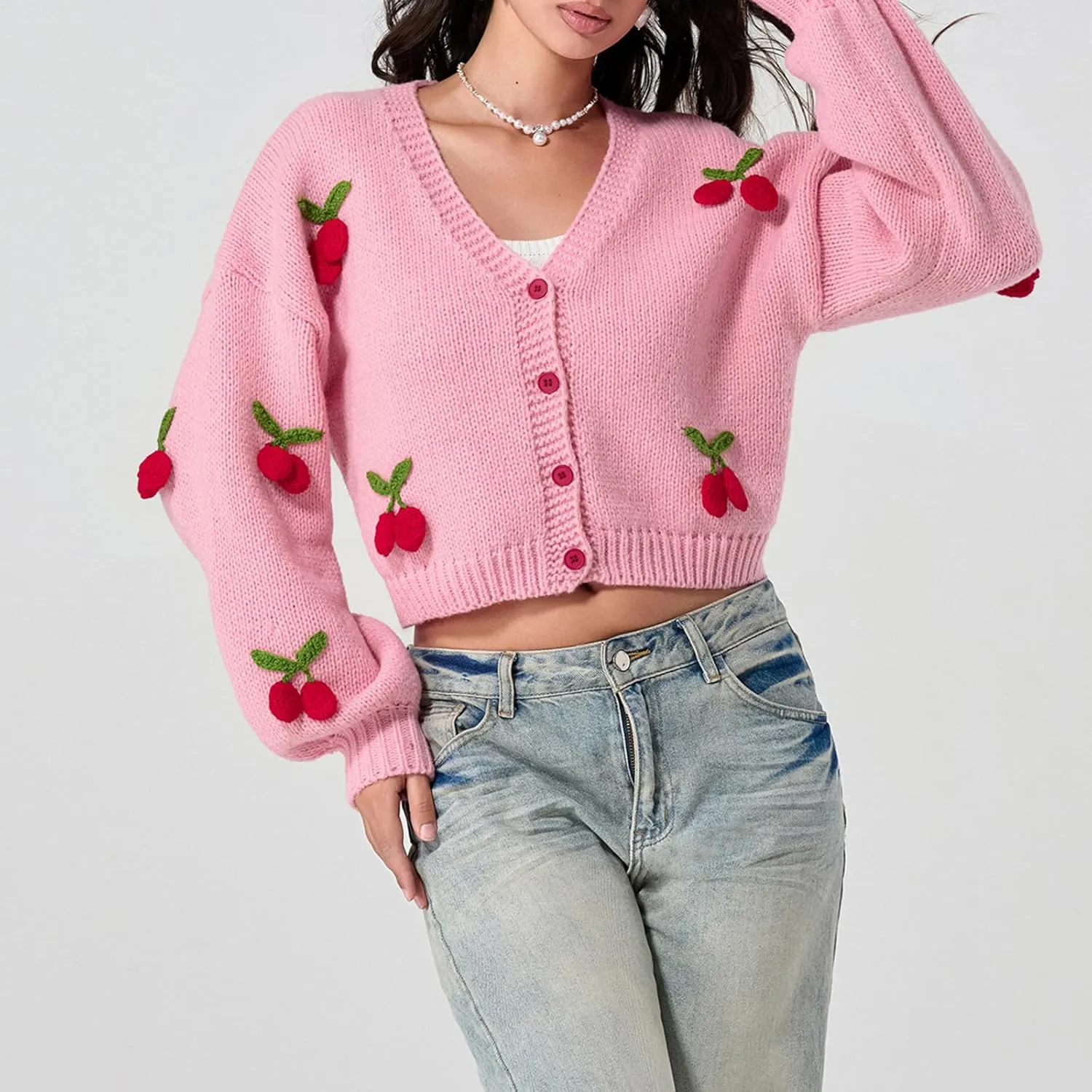 Women Crop Cardigan Jacquard Open Front Sweater 3D Flower Embroidery Knit Cardigan Cute Fall Winter Outwear