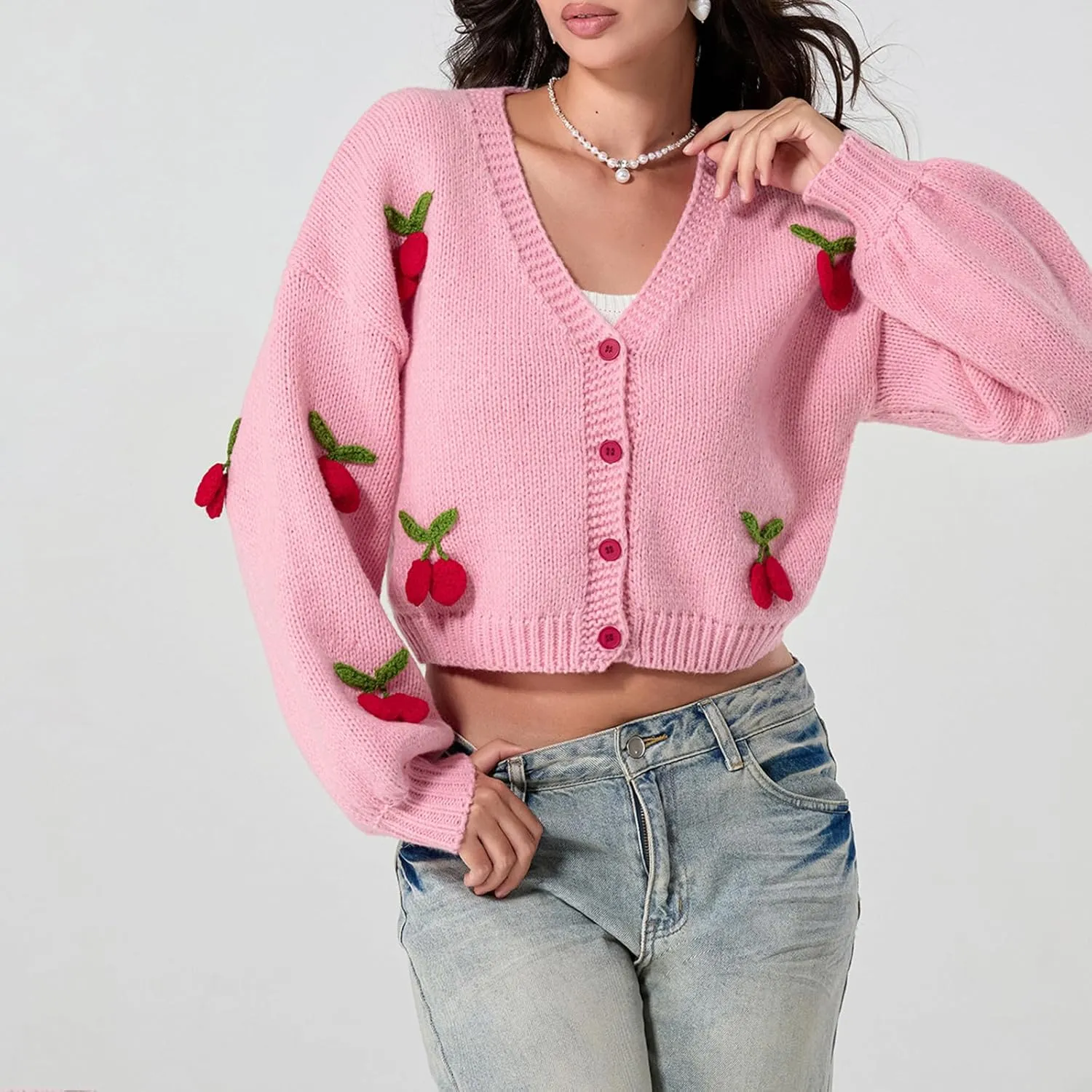 Women Crop Cardigan Jacquard Open Front Sweater 3D Flower Embroidery Knit Cardigan Cute Fall Winter Outwear