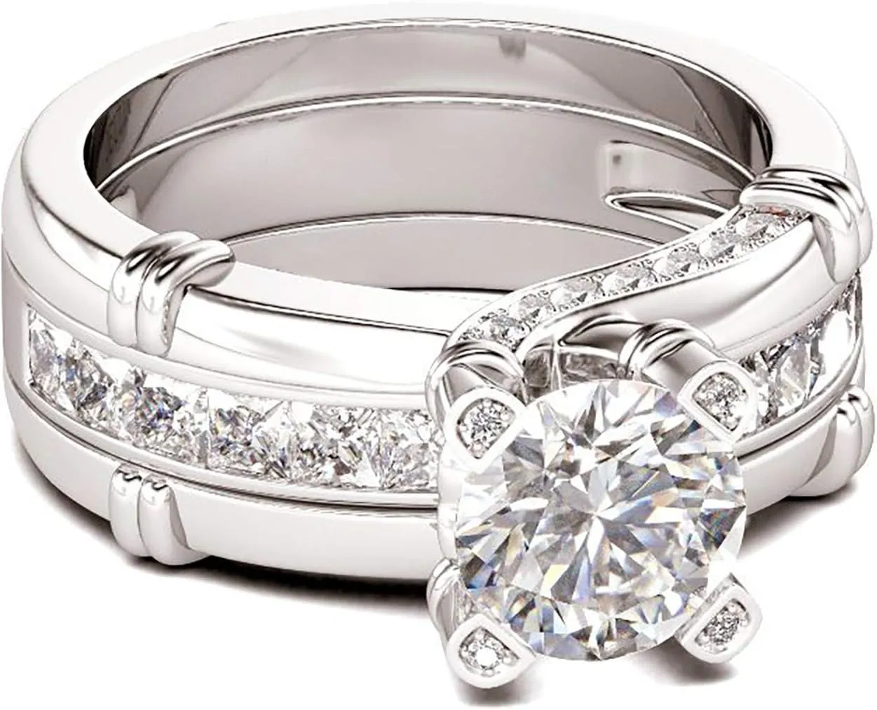 Women Cubic Zirconia Two in One Engagement Rings Simulated Diamond Anniversary Ring (Silver, 10)