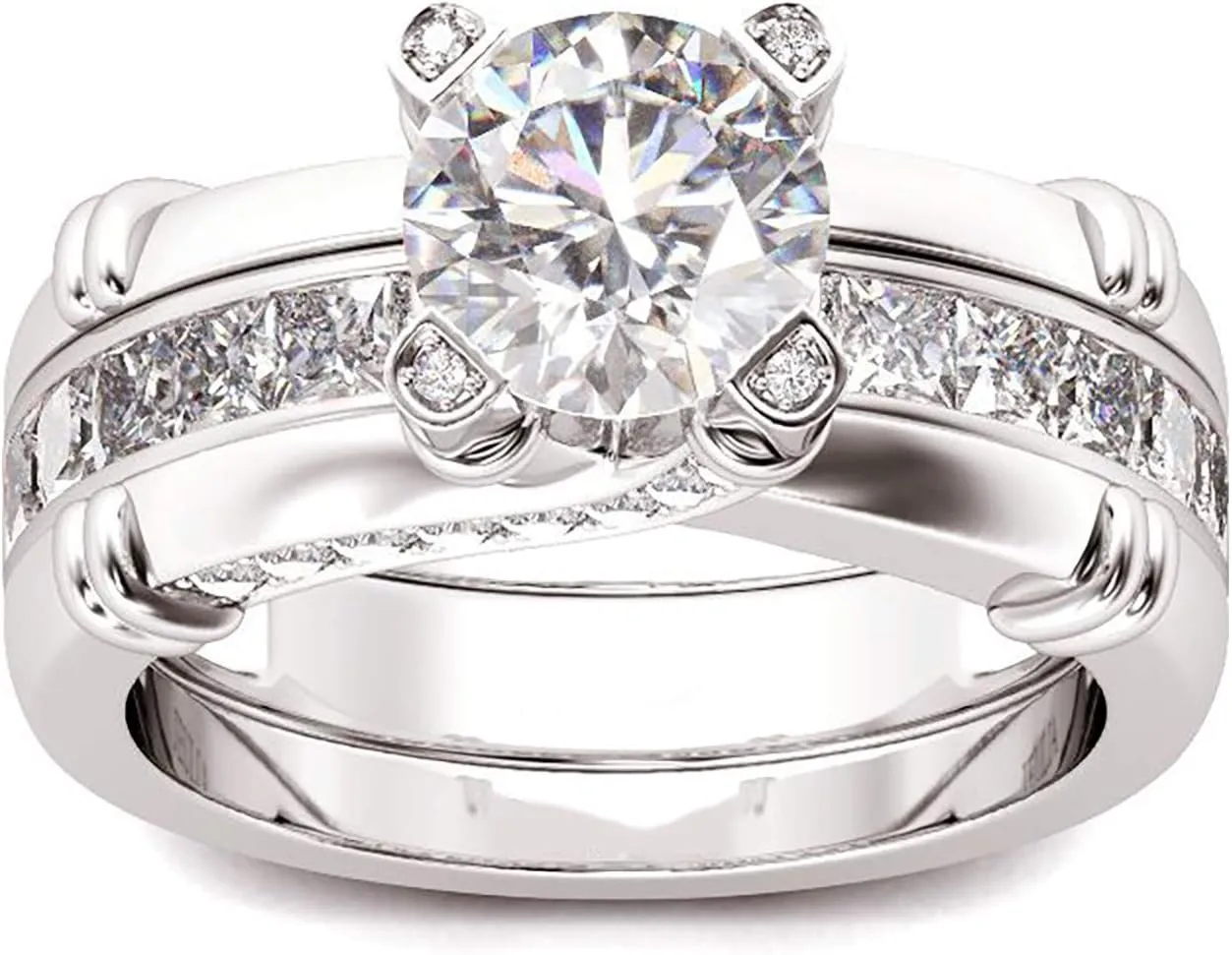 Women Cubic Zirconia Two in One Engagement Rings Simulated Diamond Anniversary Ring (Silver, 10)
