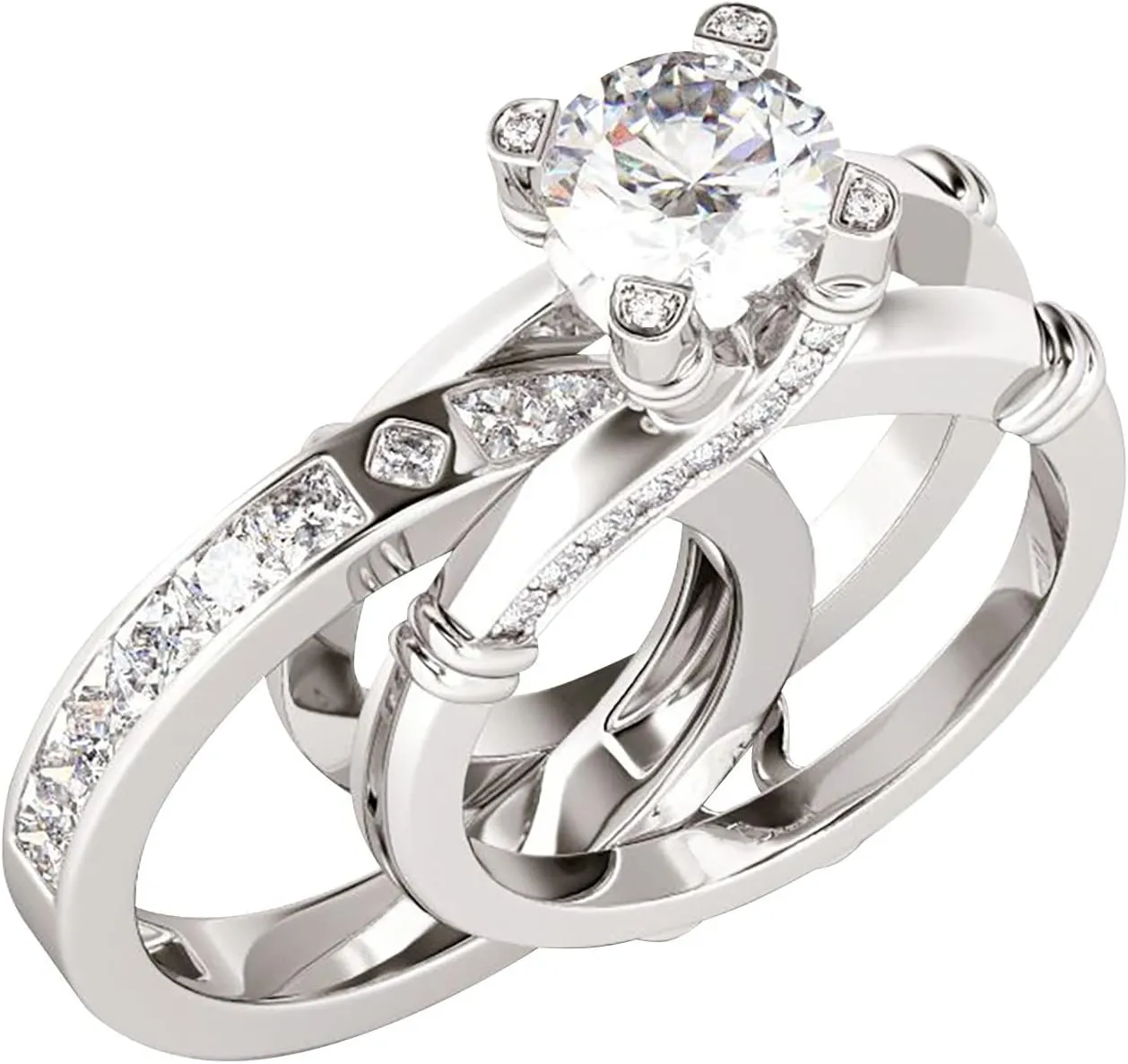 Women Cubic Zirconia Two in One Engagement Rings Simulated Diamond Anniversary Ring (Silver, 10)