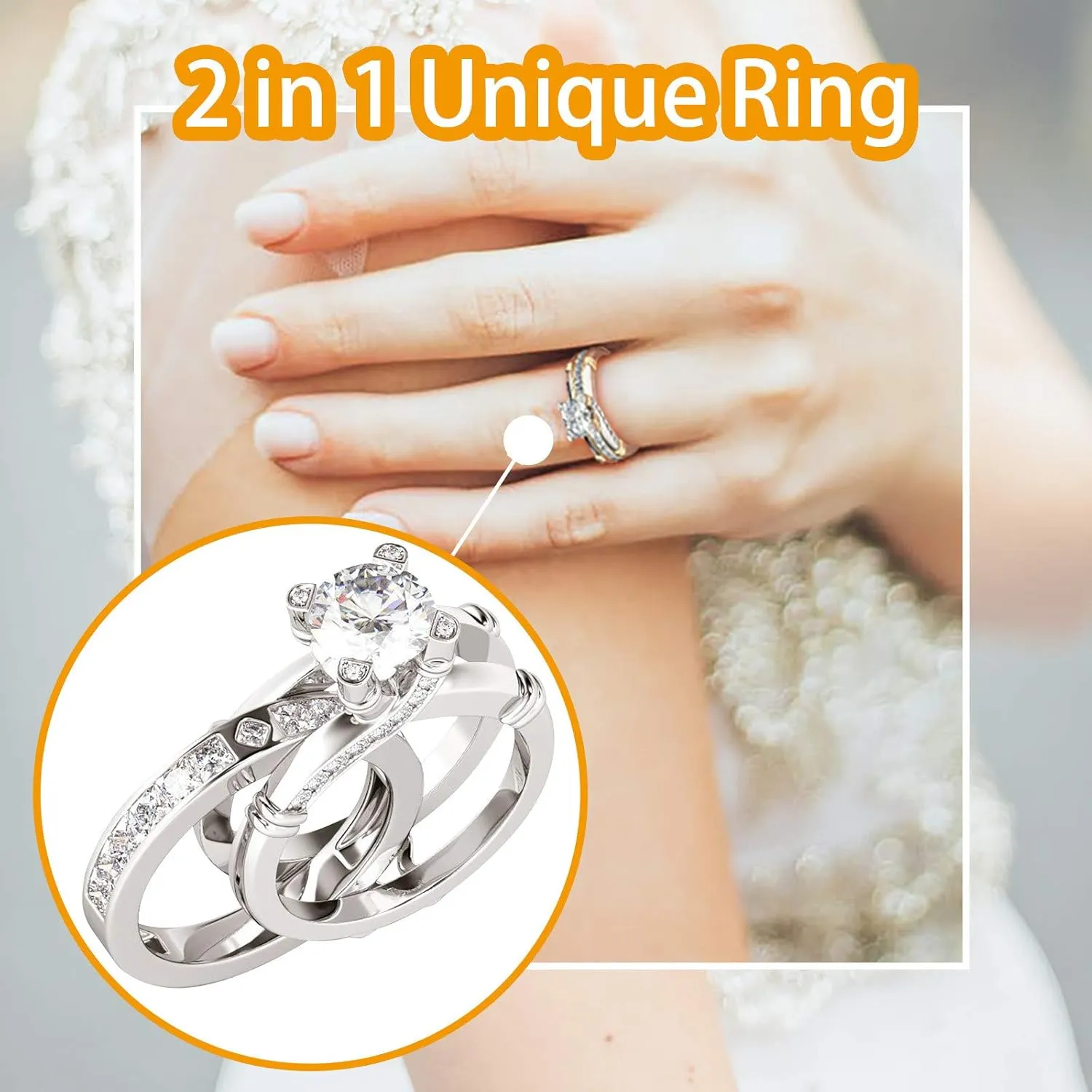 Women Cubic Zirconia Two in One Engagement Rings Simulated Diamond Anniversary Ring (Silver, 10)