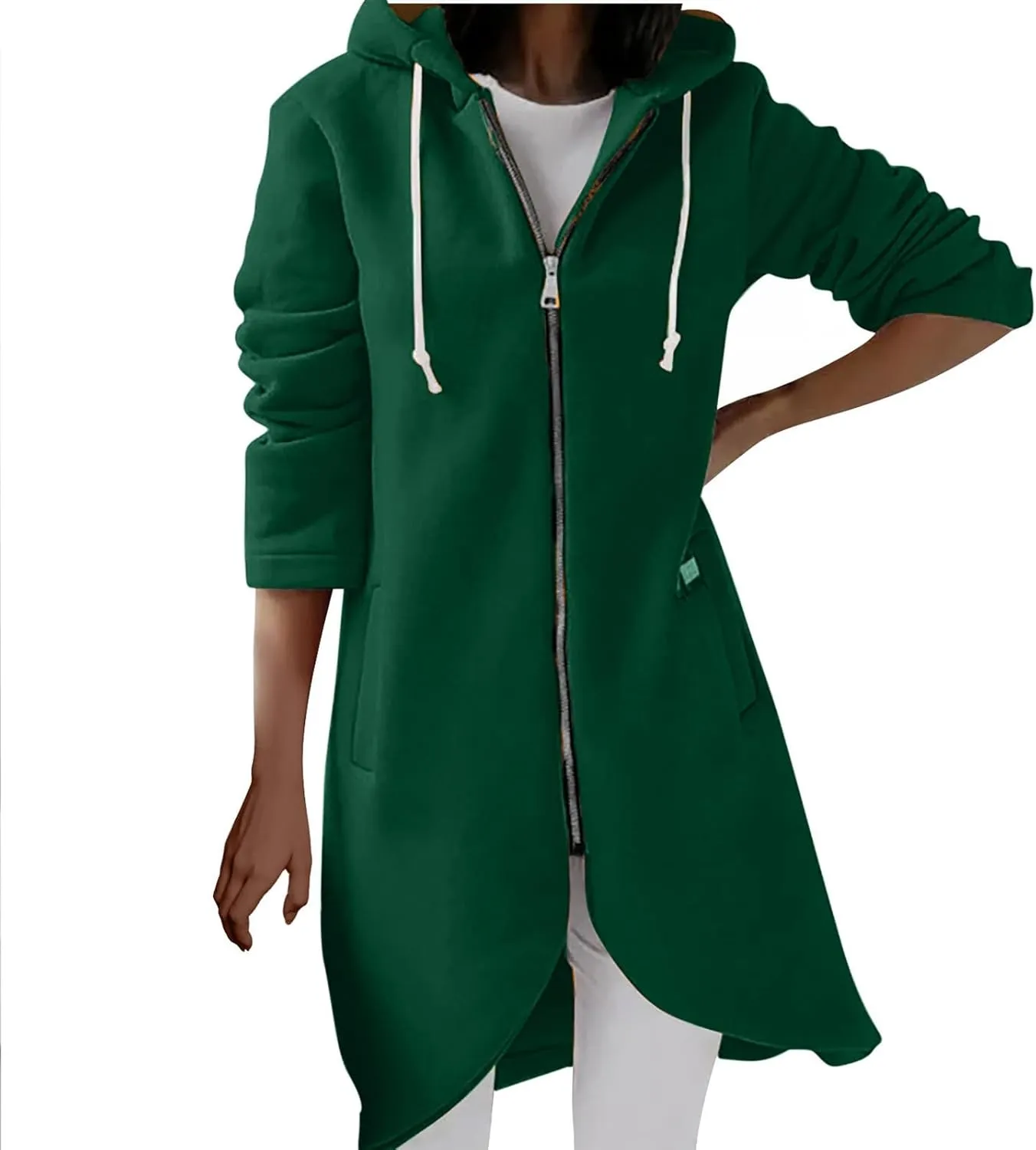 Women Long Zipper Hoodie, Long Sleeve Hooded Sweatshirt Fleece Drawstring Jacket Oversized Tunic Cardigan with Pocket
