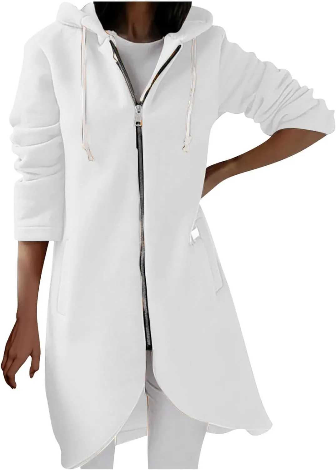 Women Long Zipper Hoodie, Long Sleeve Hooded Sweatshirt Fleece Drawstring Jacket Oversized Tunic Cardigan with Pocket