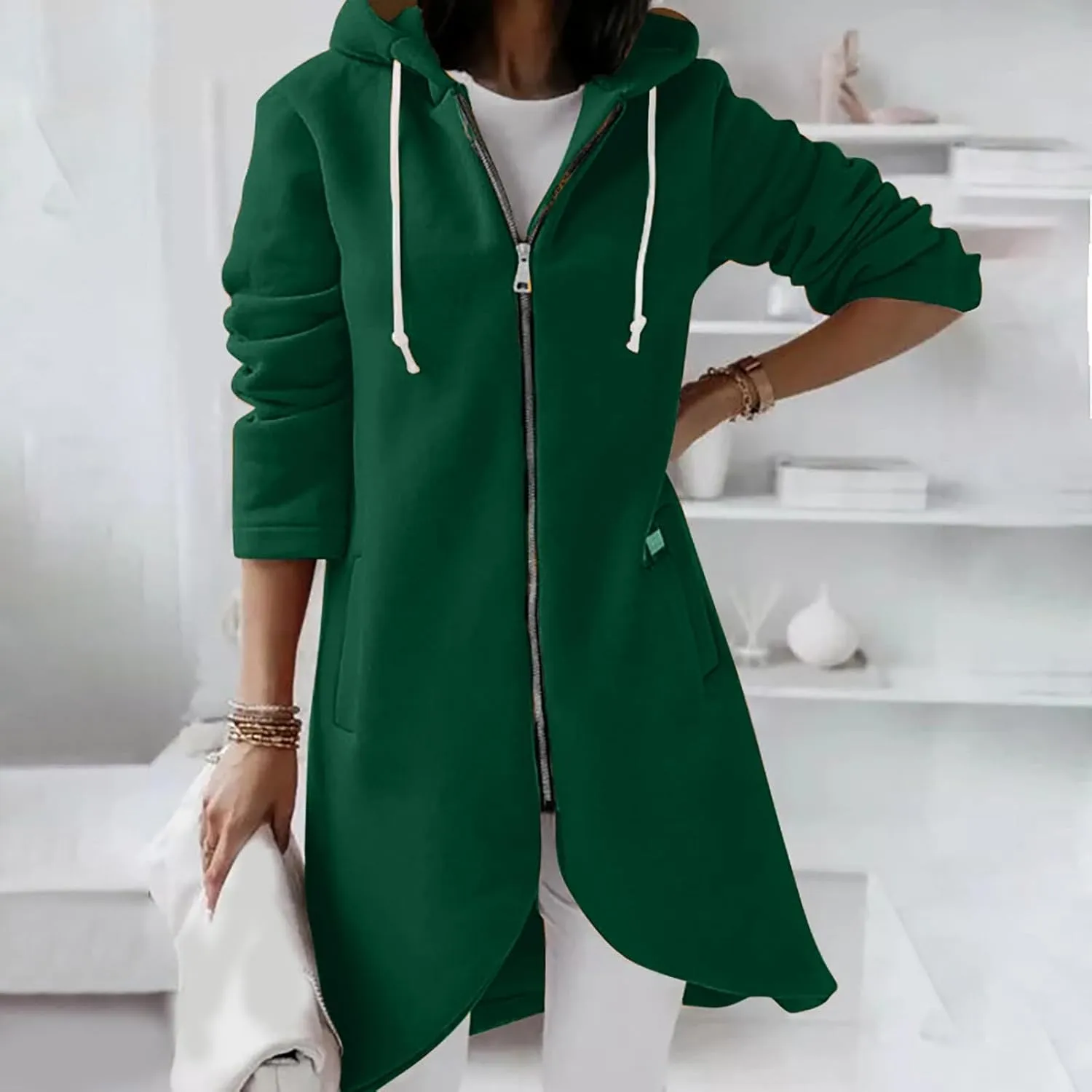 Women Long Zipper Hoodie, Long Sleeve Hooded Sweatshirt Fleece Drawstring Jacket Oversized Tunic Cardigan with Pocket