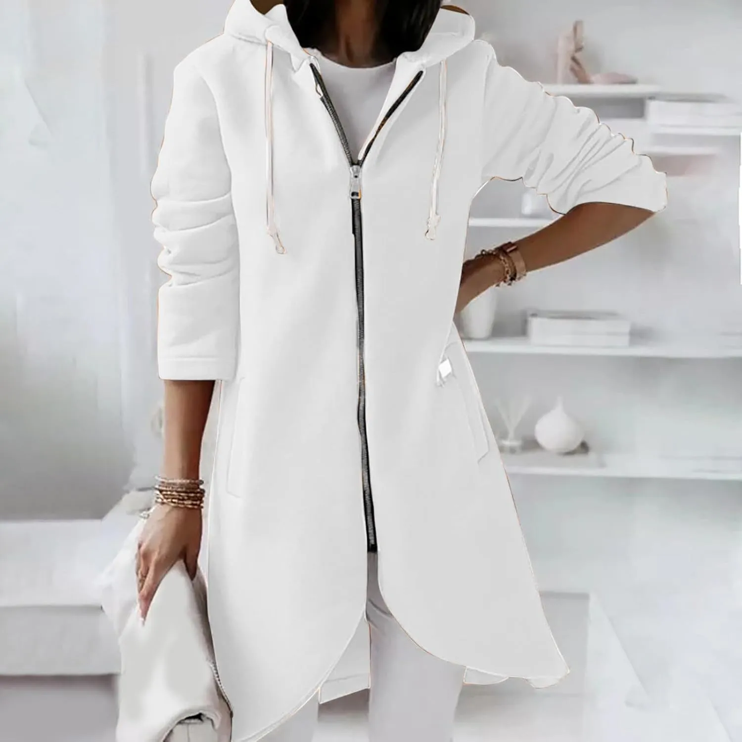 Women Long Zipper Hoodie, Long Sleeve Hooded Sweatshirt Fleece Drawstring Jacket Oversized Tunic Cardigan with Pocket