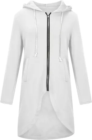 Women Long Zipper Hoodie, Long Sleeve Hooded Sweatshirt Fleece Drawstring Jacket Oversized Tunic Cardigan with Pocket