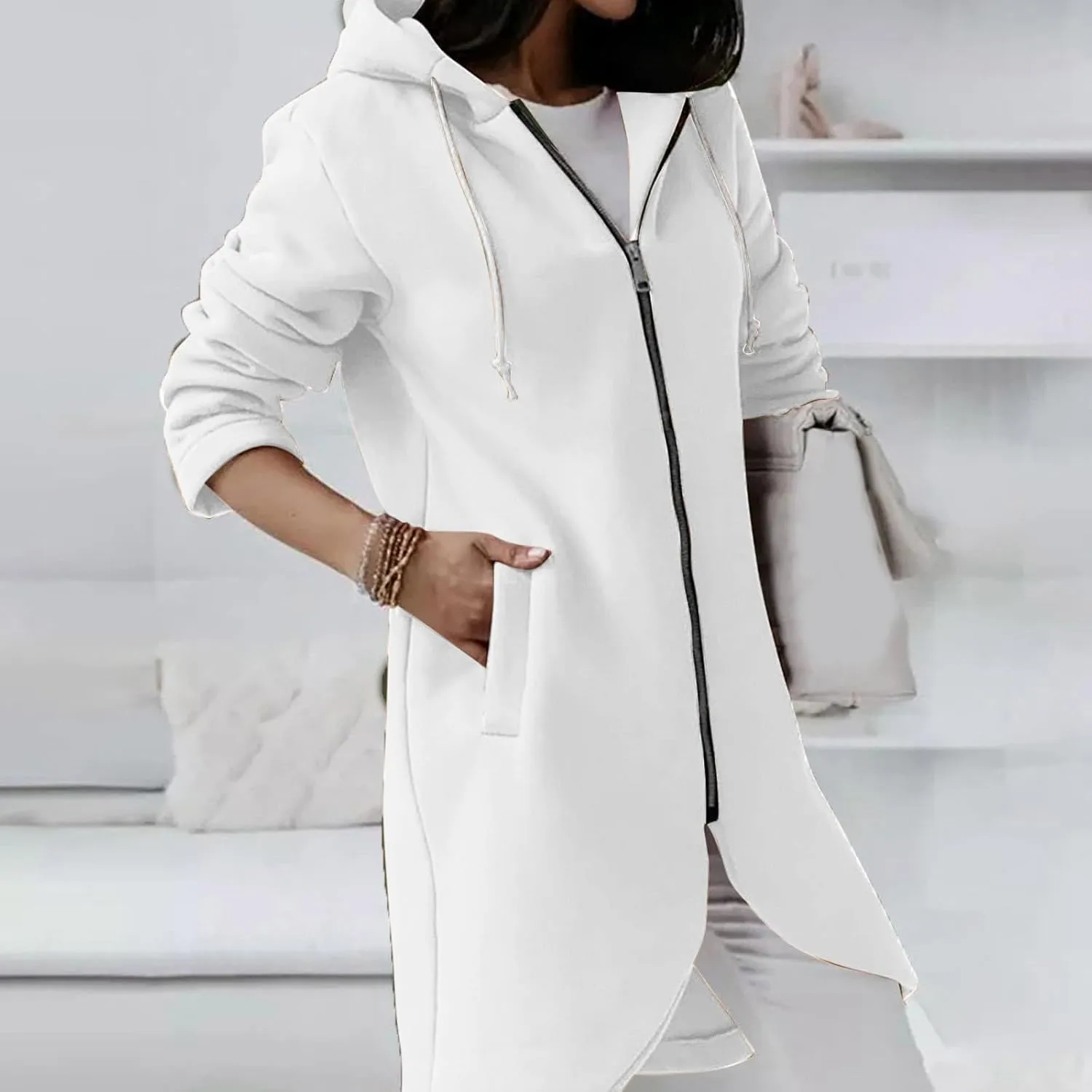 Women Long Zipper Hoodie, Long Sleeve Hooded Sweatshirt Fleece Drawstring Jacket Oversized Tunic Cardigan with Pocket