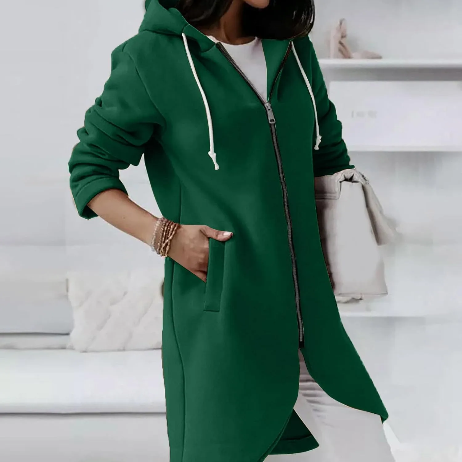 Women Long Zipper Hoodie, Long Sleeve Hooded Sweatshirt Fleece Drawstring Jacket Oversized Tunic Cardigan with Pocket