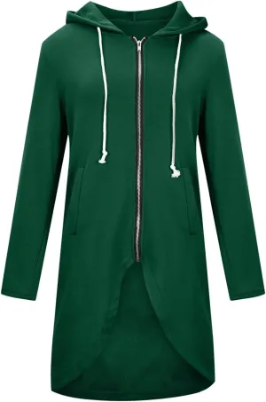 Women Long Zipper Hoodie, Long Sleeve Hooded Sweatshirt Fleece Drawstring Jacket Oversized Tunic Cardigan with Pocket