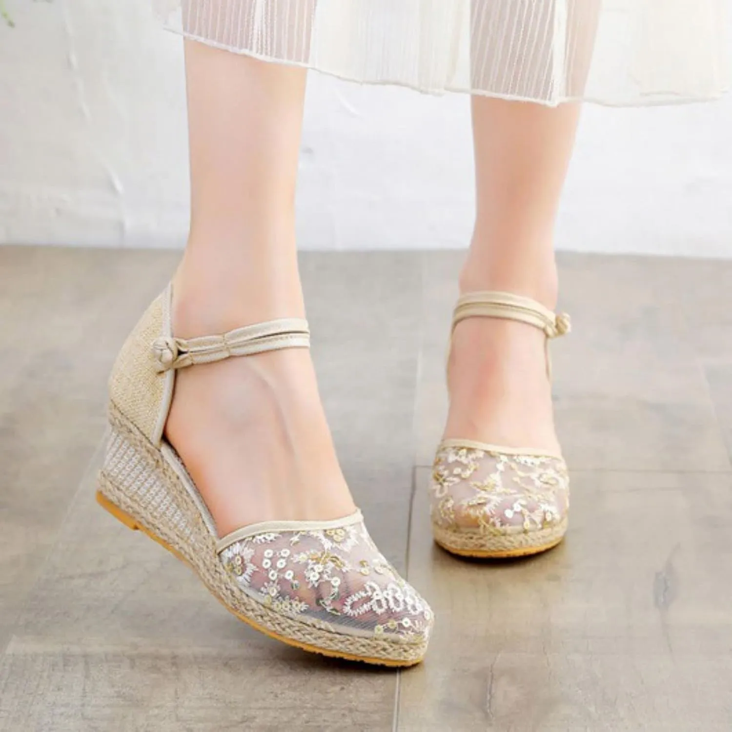 Women Low Block Heel Ankle Buckle Strap Closed Toe Espadrilles Wedge Sandals Mesh Slingback Summer Dress Shoes Womens Wedges Platform Sandals Espadrille Two Strap Woven Slip On Comfortable Sandal