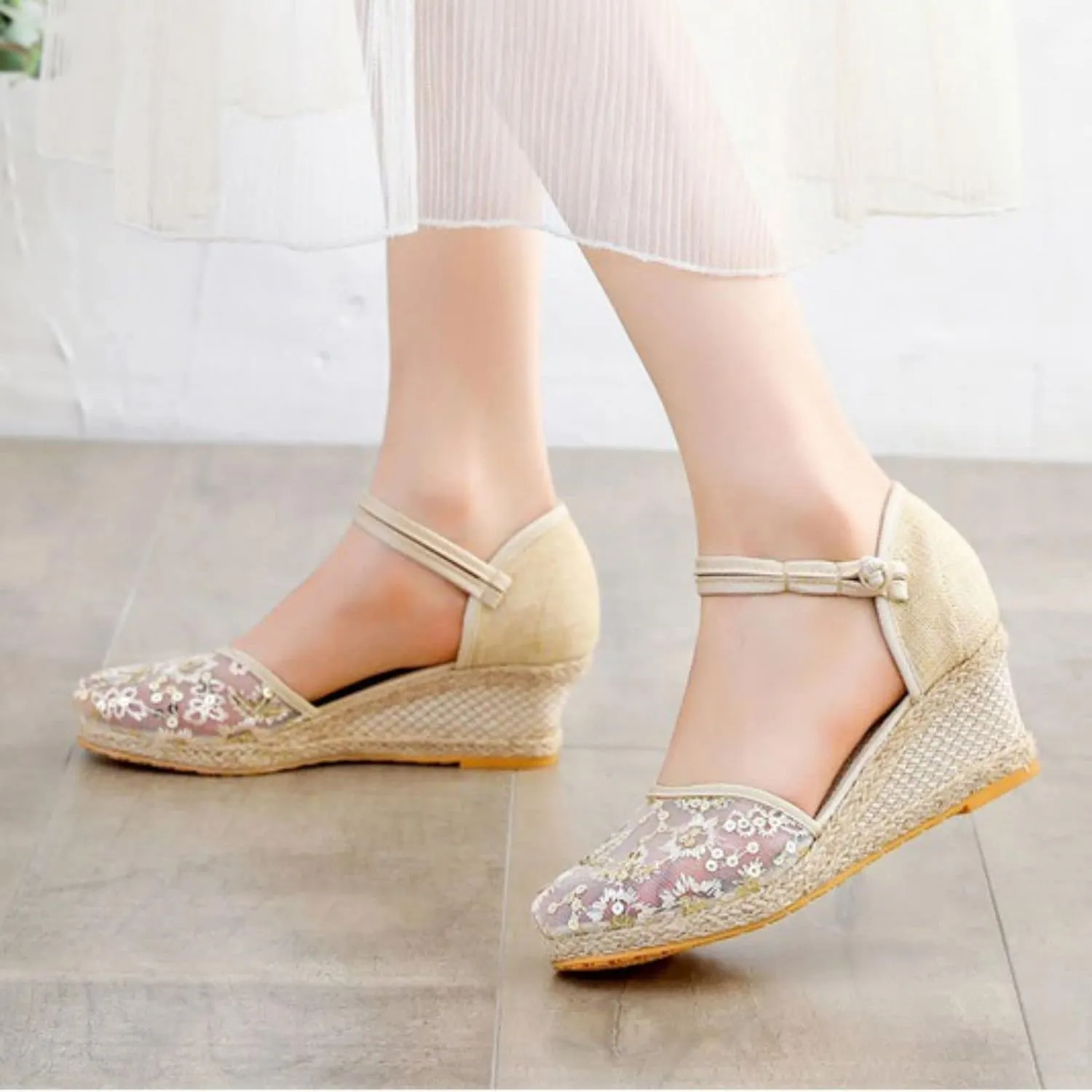 Women Low Block Heel Ankle Buckle Strap Closed Toe Espadrilles Wedge Sandals Mesh Slingback Summer Dress Shoes Womens Wedges Platform Sandals Espadrille Two Strap Woven Slip On Comfortable Sandal