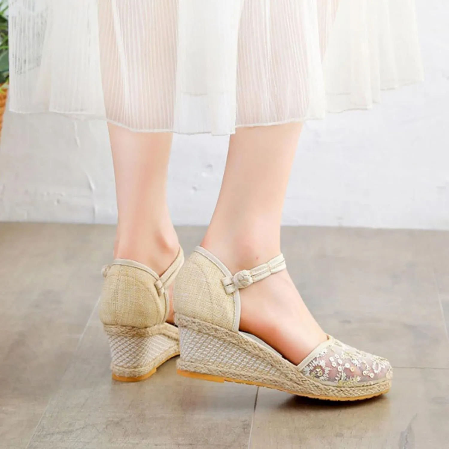 Women Low Block Heel Ankle Buckle Strap Closed Toe Espadrilles Wedge Sandals Mesh Slingback Summer Dress Shoes Womens Wedges Platform Sandals Espadrille Two Strap Woven Slip On Comfortable Sandal