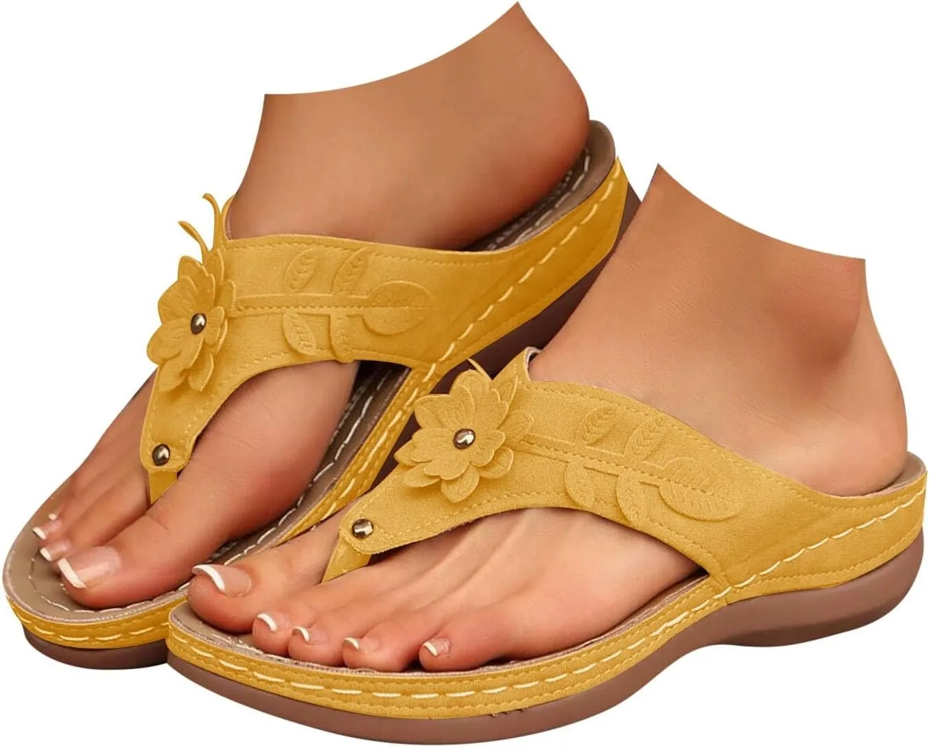 Women Orthopedic Wedge Sandals Bohemian Round Toe Flower Flip Flop Comfortable Outdoor Shoes Breathable Casual Low Heel Sandals for Women Fashionable Summer Footwear