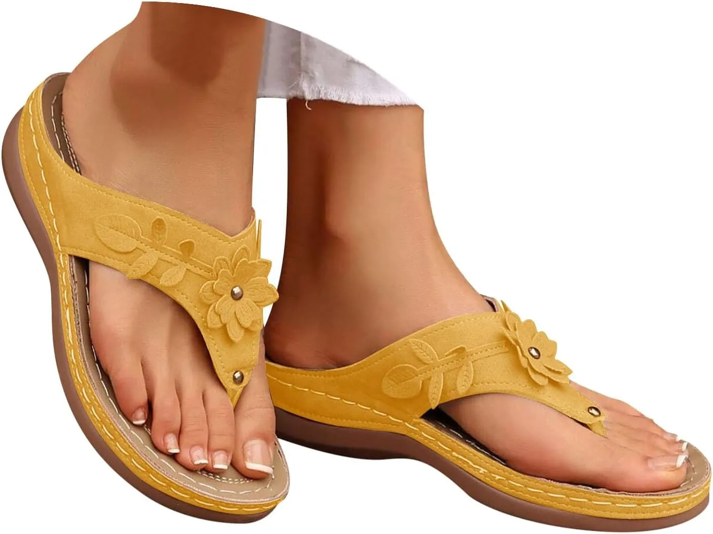 Women Orthopedic Wedge Sandals Bohemian Round Toe Flower Flip Flop Comfortable Outdoor Shoes Breathable Casual Low Heel Sandals for Women Fashionable Summer Footwear