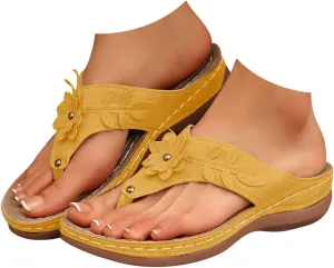 Women Orthopedic Wedge Sandals Bohemian Round Toe Flower Flip Flop Comfortable Outdoor Shoes Breathable Casual Low Heel Sandals for Women Fashionable Summer Footwear