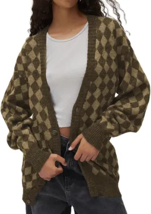 Women Y2k Plaid Cardigan Sweater Long Sleeve V-Neck Button Gingham Knit Coat Color Block Checkered Sweaters Jacket