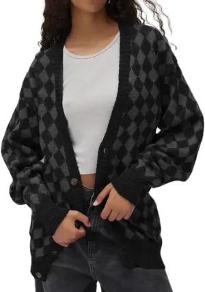 Women Y2k Plaid Cardigan Sweater Long Sleeve V-Neck Button Gingham Knit Coat Color Block Checkered Sweaters Jacket