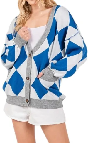 Women Y2k Plaid Cardigan Sweater Long Sleeve V-Neck Button Gingham Knit Coat Color Block Checkered Sweaters Jacket