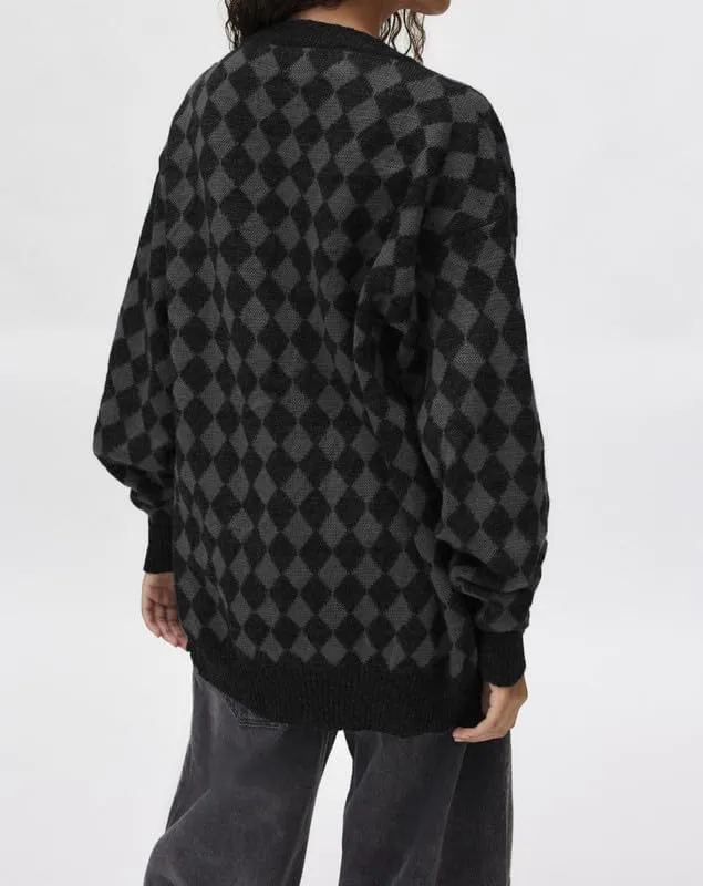 Women Y2k Plaid Cardigan Sweater Long Sleeve V-Neck Button Gingham Knit Coat Color Block Checkered Sweaters Jacket