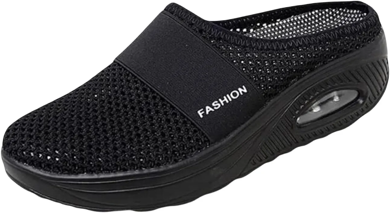 Womens Air Cushion Slip-On Orthopedic Diabetic Walking Shoes with Arch-Support Mesh Orthotic Comfortable Sneakers Slip-On Mule Open Back Breathable Lightweight Slippers