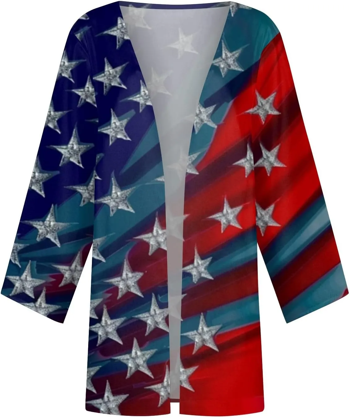 Womens American Flag Stars Cover Ups Kimono Independence Day Loose Cardigans 3/4 Sleeve Open Front Fourth of July Tops