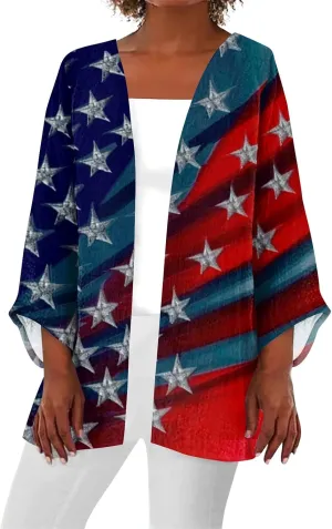 Womens American Flag Stars Cover Ups Kimono Independence Day Loose Cardigans 3/4 Sleeve Open Front Fourth of July Tops