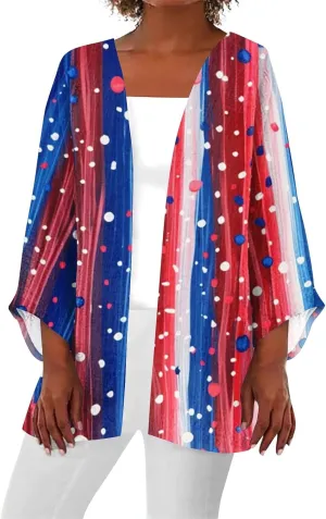 Womens American Flag Stars Cover Ups Kimono Independence Day Loose Cardigans 3/4 Sleeve Open Front Fourth of July Tops