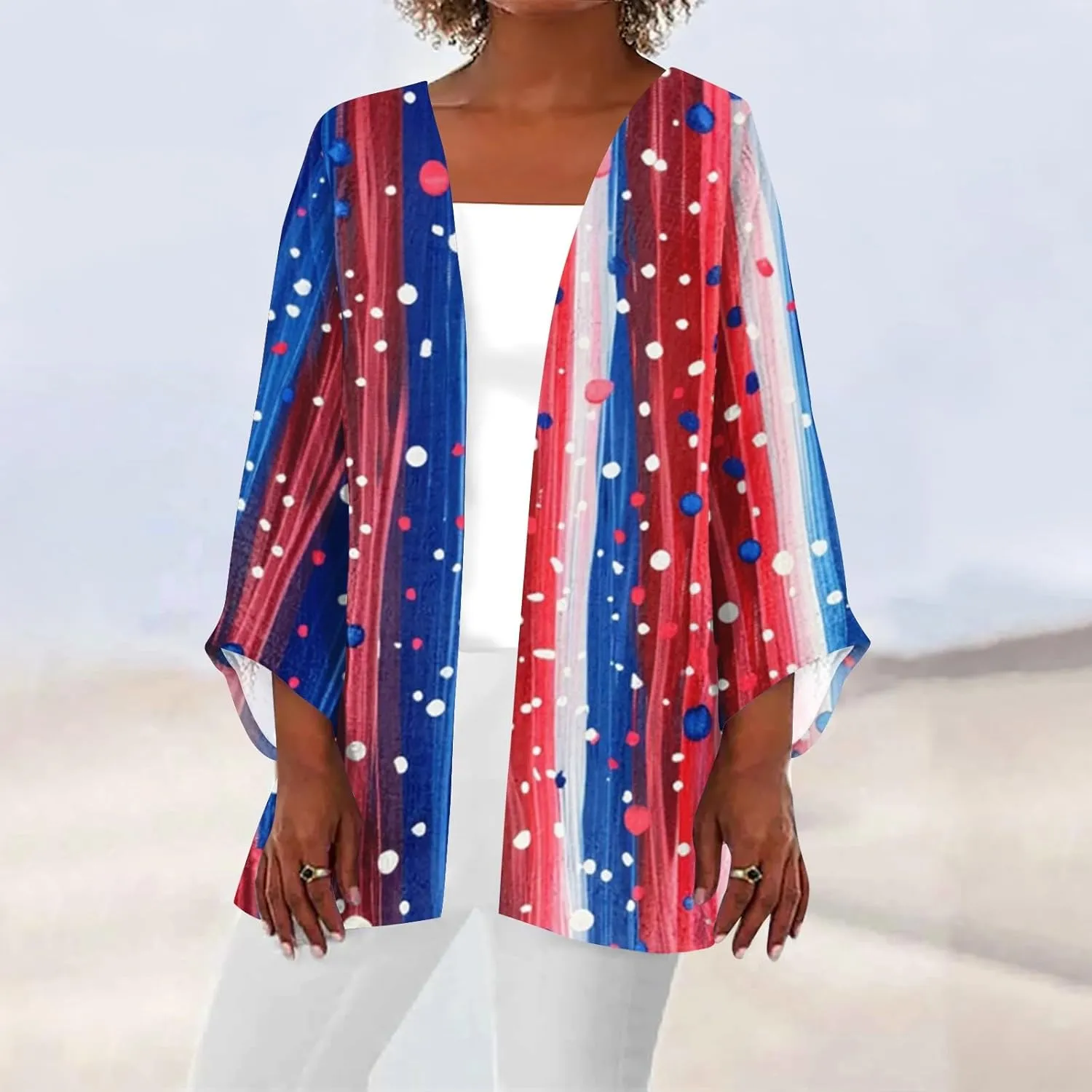 Womens American Flag Stars Cover Ups Kimono Independence Day Loose Cardigans 3/4 Sleeve Open Front Fourth of July Tops