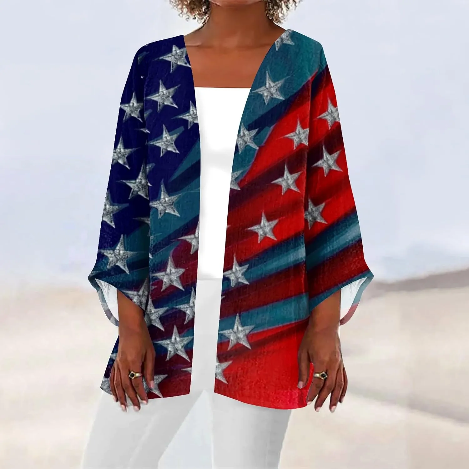 Womens American Flag Stars Cover Ups Kimono Independence Day Loose Cardigans 3/4 Sleeve Open Front Fourth of July Tops