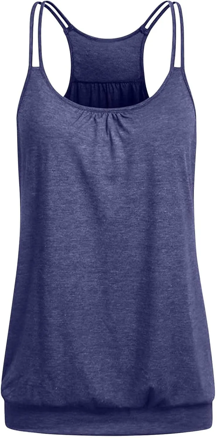 Womens Athletic Yoga Tank Tops Spaghetti Strap Racerback Sports Cami Shirts Loose Fit Banded Bottom Workout Shirt