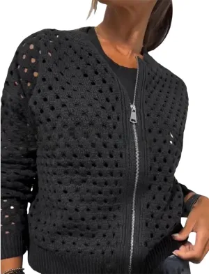 Women's Casual Hollow Knitwear Zipper Jacket, Crochet Fishnet Knit Shrugs Sweater Jacket Lightweight Cardigans Sweater
