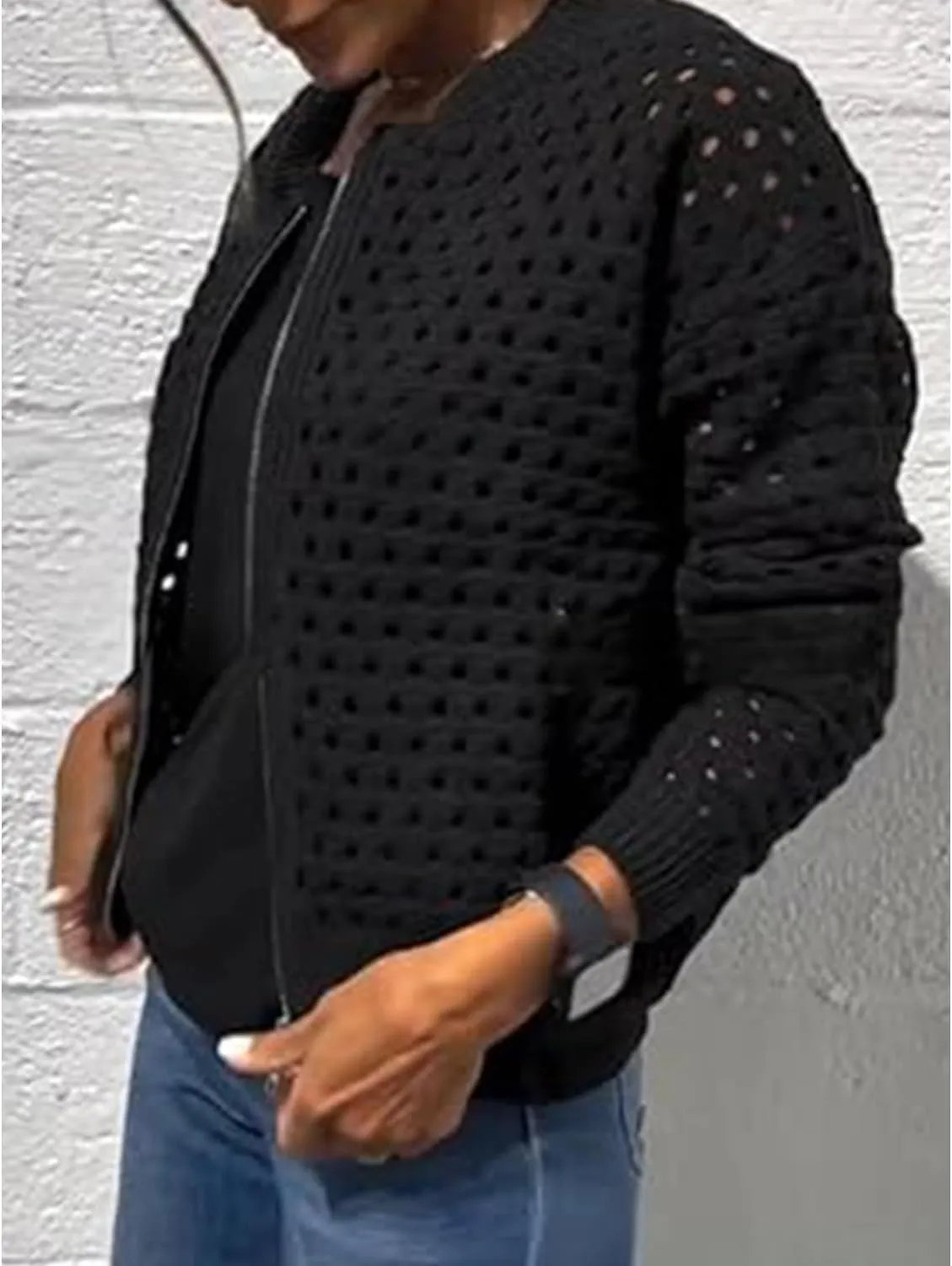 Women's Casual Hollow Knitwear Zipper Jacket, Crochet Fishnet Knit Shrugs Sweater Jacket Lightweight Cardigans Sweater
