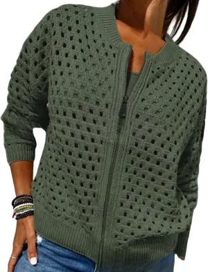 Women's Casual Hollow Knitwear Zipper Jacket, Crochet Fishnet Knit Shrugs Sweater Jacket Lightweight Cardigans Sweater