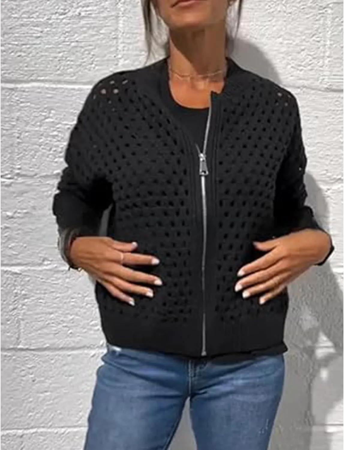 Women's Casual Hollow Knitwear Zipper Jacket, Crochet Fishnet Knit Shrugs Sweater Jacket Lightweight Cardigans Sweater