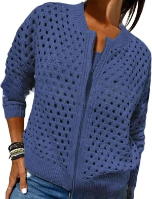 Women's Casual Hollow Knitwear Zipper Jacket, Crochet Fishnet Knit Shrugs Sweater Jacket Lightweight Cardigans Sweater