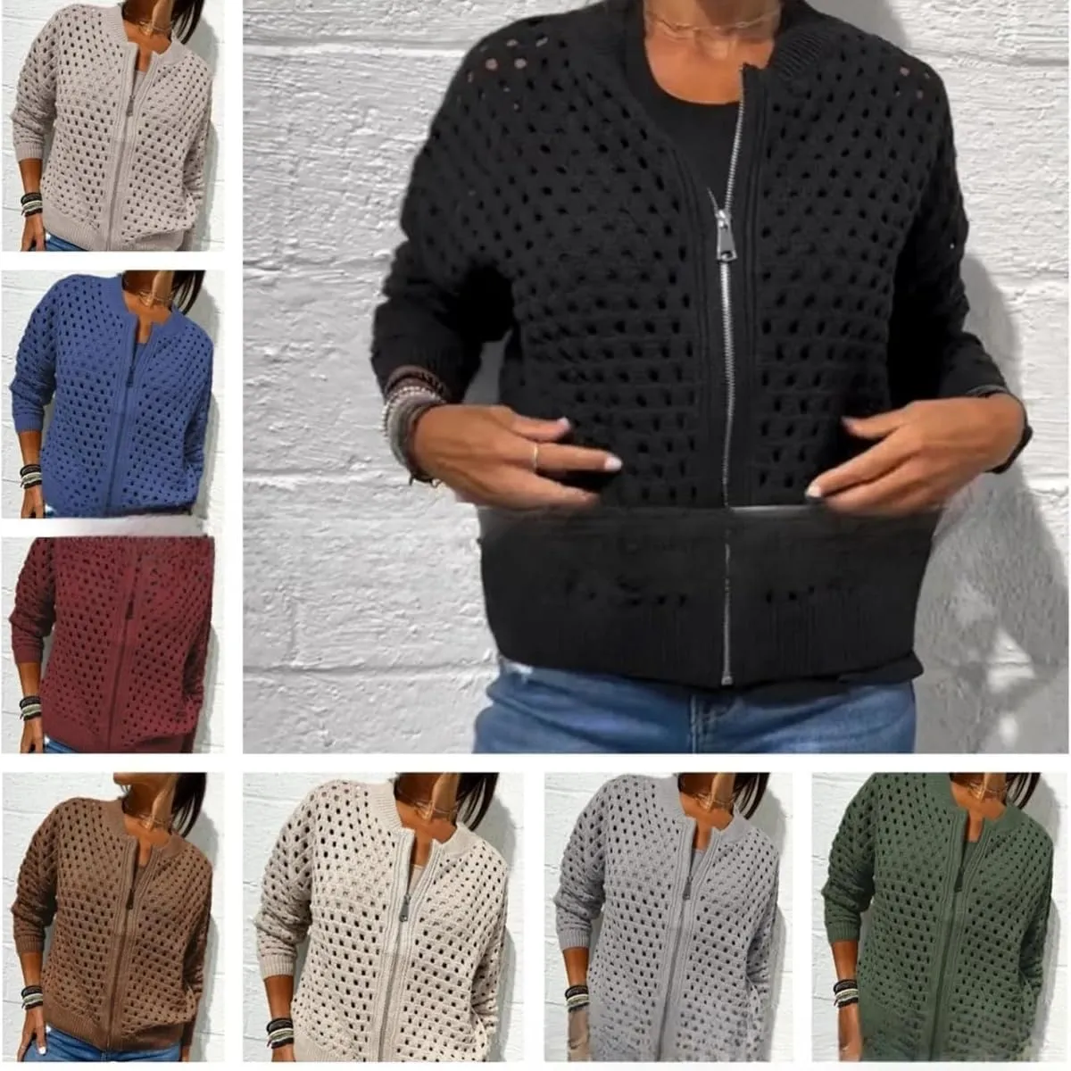 Women's Casual Hollow Knitwear Zipper Jacket, Crochet Fishnet Knit Shrugs Sweater Jacket Lightweight Cardigans Sweater