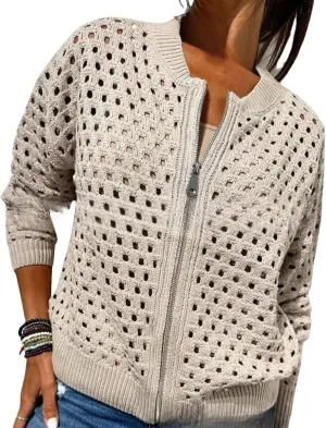 Women's Casual Hollow Knitwear Zipper Jacket, Crochet Fishnet Knit Shrugs Sweater Jacket Lightweight Cardigans Sweater