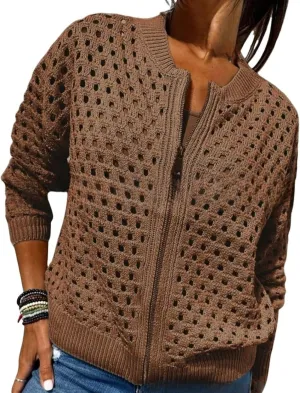 Women's Casual Hollow Knitwear Zipper Jacket, Crochet Fishnet Knit Shrugs Sweater Jacket Lightweight Cardigans Sweater