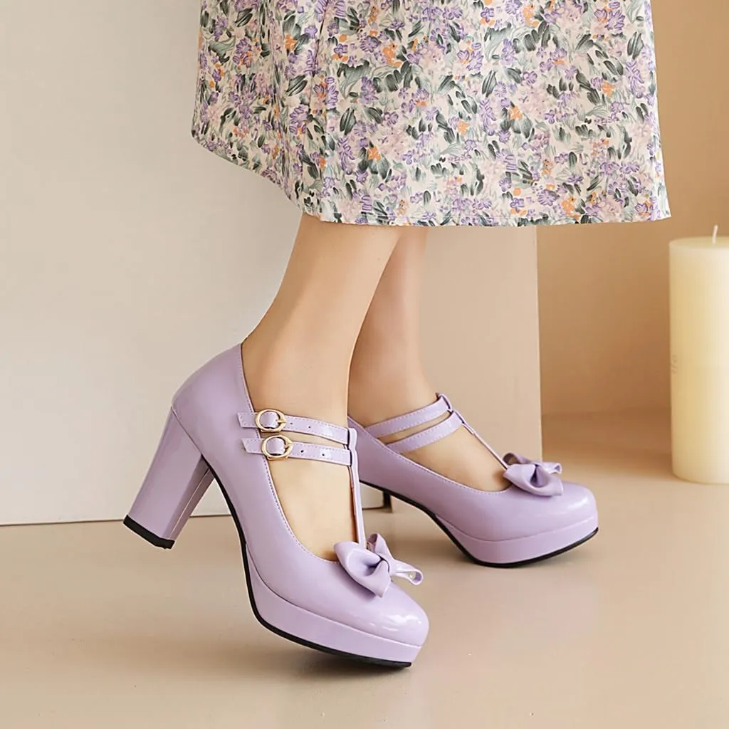 Women's Chunky High Heels T-Strap Bow Mary Jane Pumps Shoes Round Toe Platform Wedding Party Dress Shoe