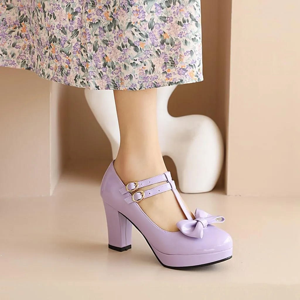 Women's Chunky High Heels T-Strap Bow Mary Jane Pumps Shoes Round Toe Platform Wedding Party Dress Shoe