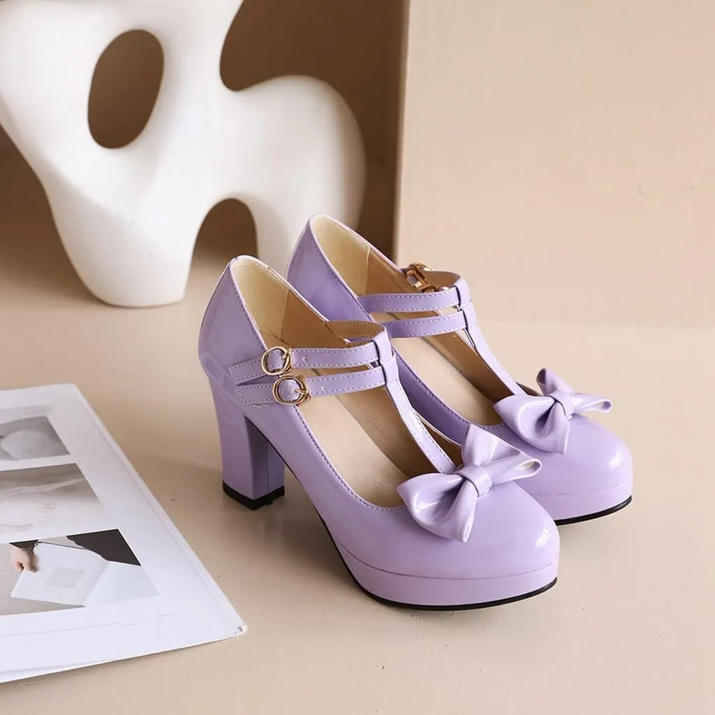 Women's Chunky High Heels T-Strap Bow Mary Jane Pumps Shoes Round Toe Platform Wedding Party Dress Shoe