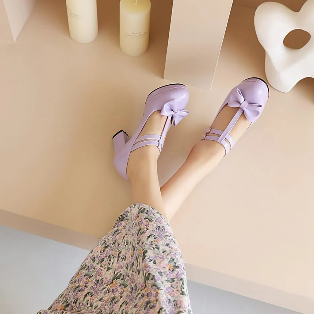 Women's Chunky High Heels T-Strap Bow Mary Jane Pumps Shoes Round Toe Platform Wedding Party Dress Shoe