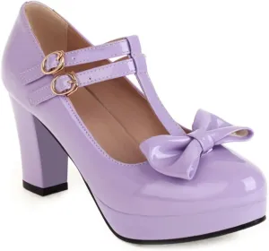 Women's Chunky High Heels T-Strap Bow Mary Jane Pumps Shoes Round Toe Platform Wedding Party Dress Shoe