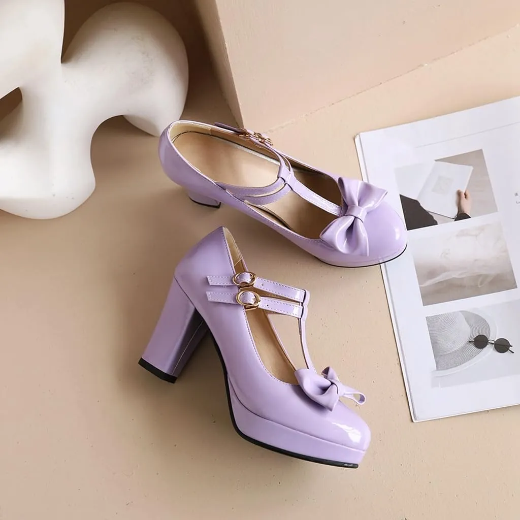 Women's Chunky High Heels T-Strap Bow Mary Jane Pumps Shoes Round Toe Platform Wedding Party Dress Shoe