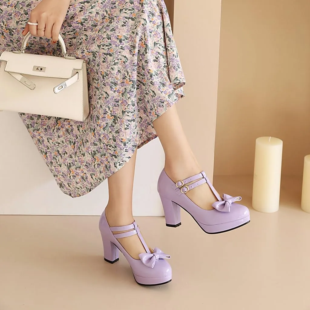 Women's Chunky High Heels T-Strap Bow Mary Jane Pumps Shoes Round Toe Platform Wedding Party Dress Shoe